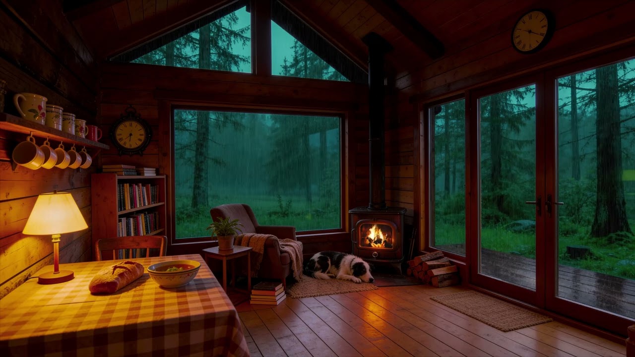 Rainy Night with Fireplace in a Cozy Cabin | Rain Sounds & Fireplace Ambience for Sleep & Relax