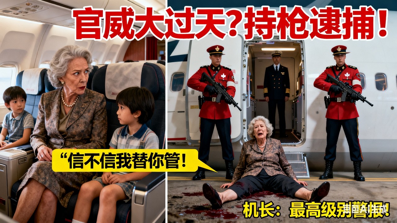 中國退休高官在加拿大航班上因嫌嬰兒哭鬧，竟對其母親動手，並咆哮：“再哭一聲，信不信我替你管！”機長一句話，讓她被皇家騎警持槍逮捕，當場嚇癱！