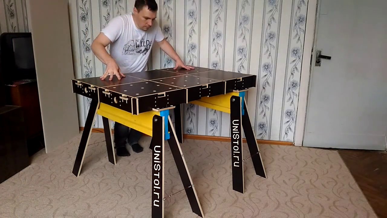 Складной ячеистый стол верстак UniStol.ru на строительных козликах