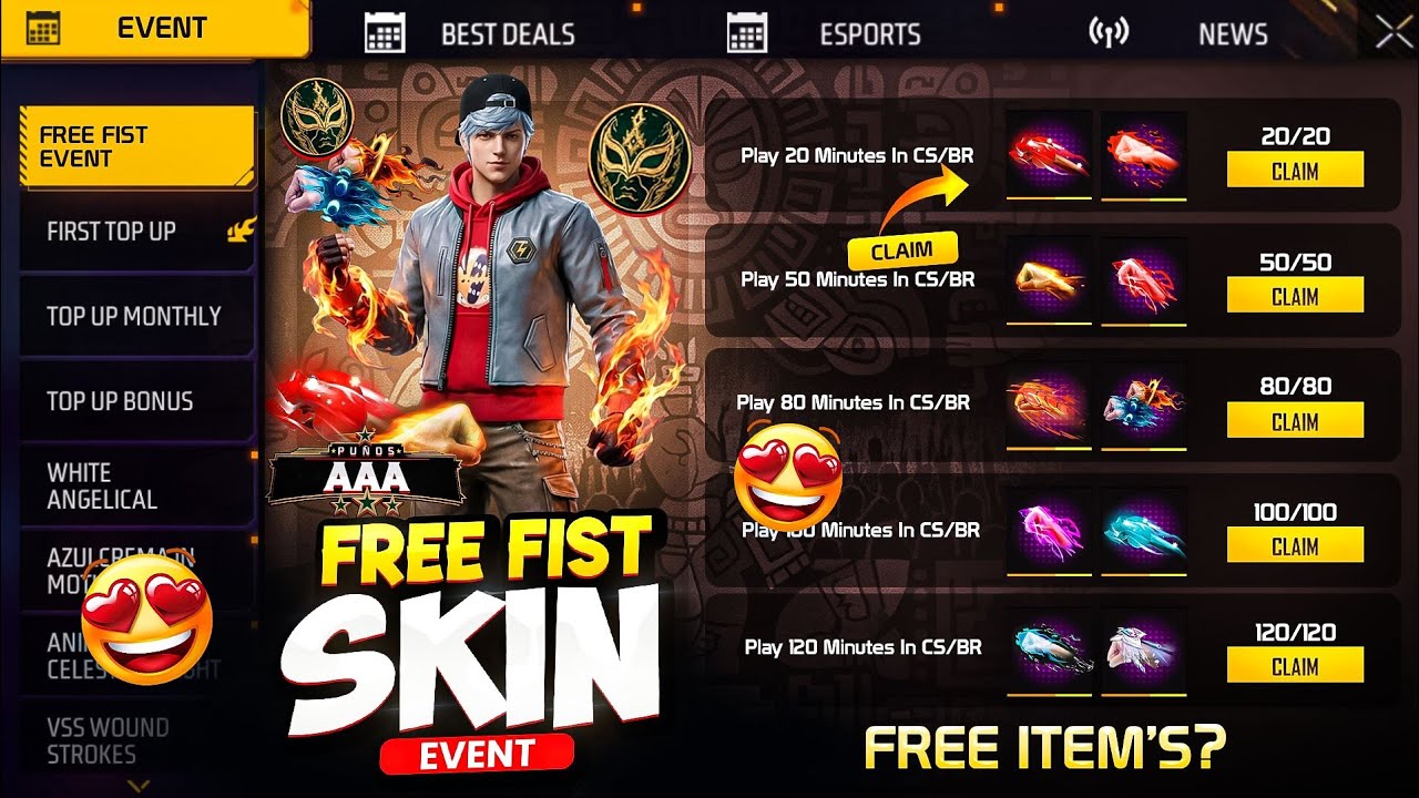FREE FIST🤩AND GUN SKIN💥EVENT FREE FIRE || FREE FIRE NEW EVENT || UPCOMING UPDATE FREE FIRE