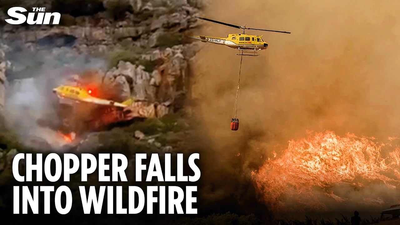 Horror moment firefighting helicopter bursts into flames whilst fighting mountain wildfire