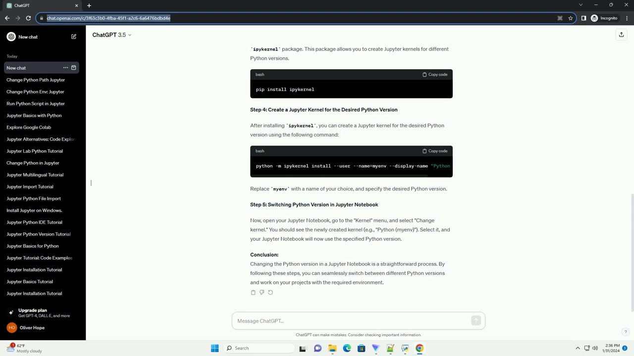 jupyter notebook change python version