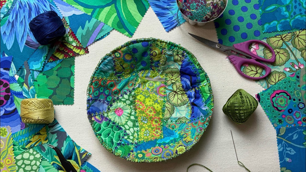 Gorgeous Scraps Made into Fabric Bowl, Textile Art, Embroidery, Hand stitching #scrapfabricprojects