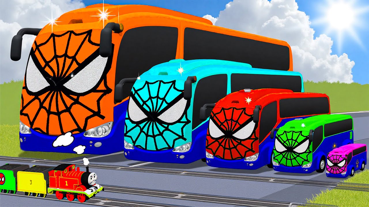 Big & Small Colors Buses Spiderman vs Train Thomas | BeamNG.Drive