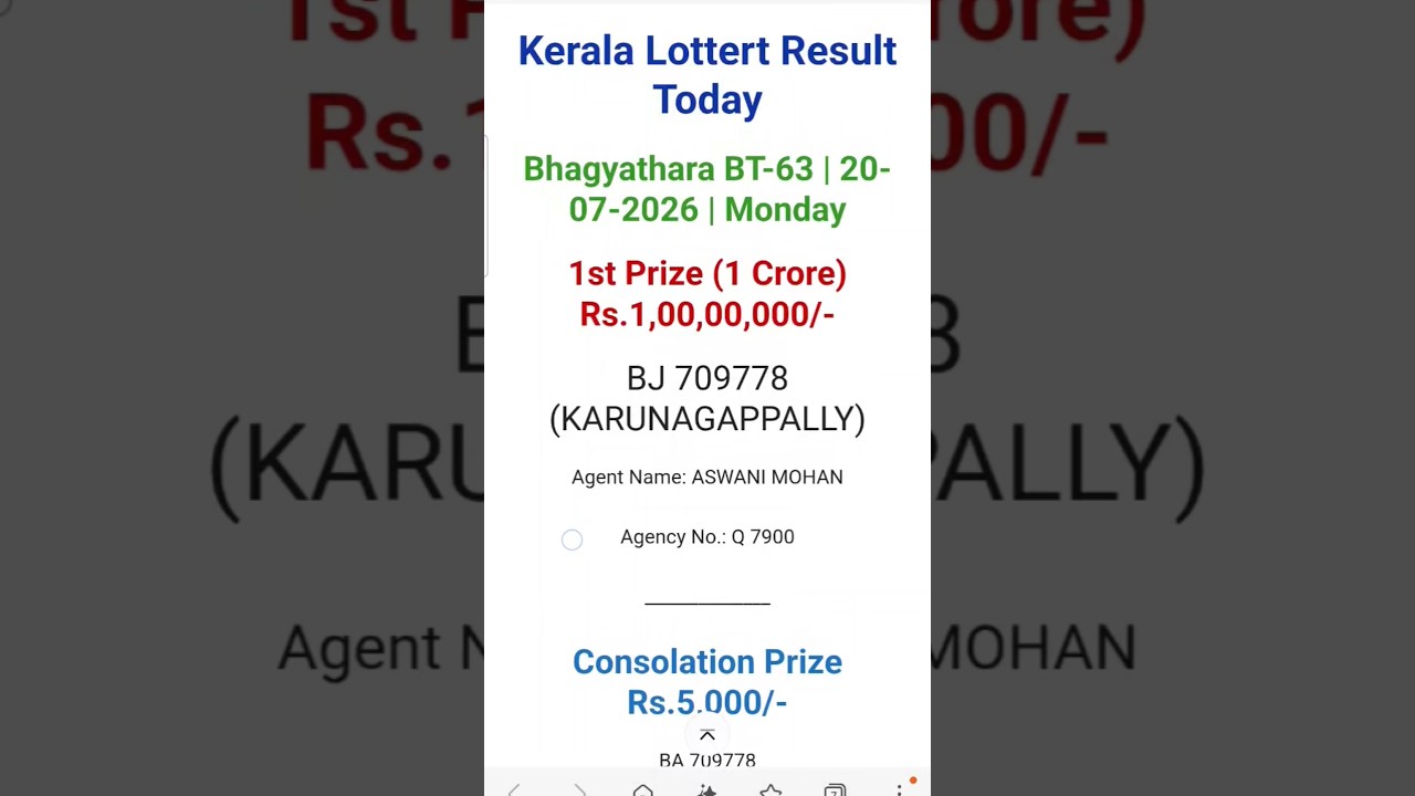 kerala lottery result today live 20-07-2026 bt 63 Bhagyathara #keralalotteryresult #live