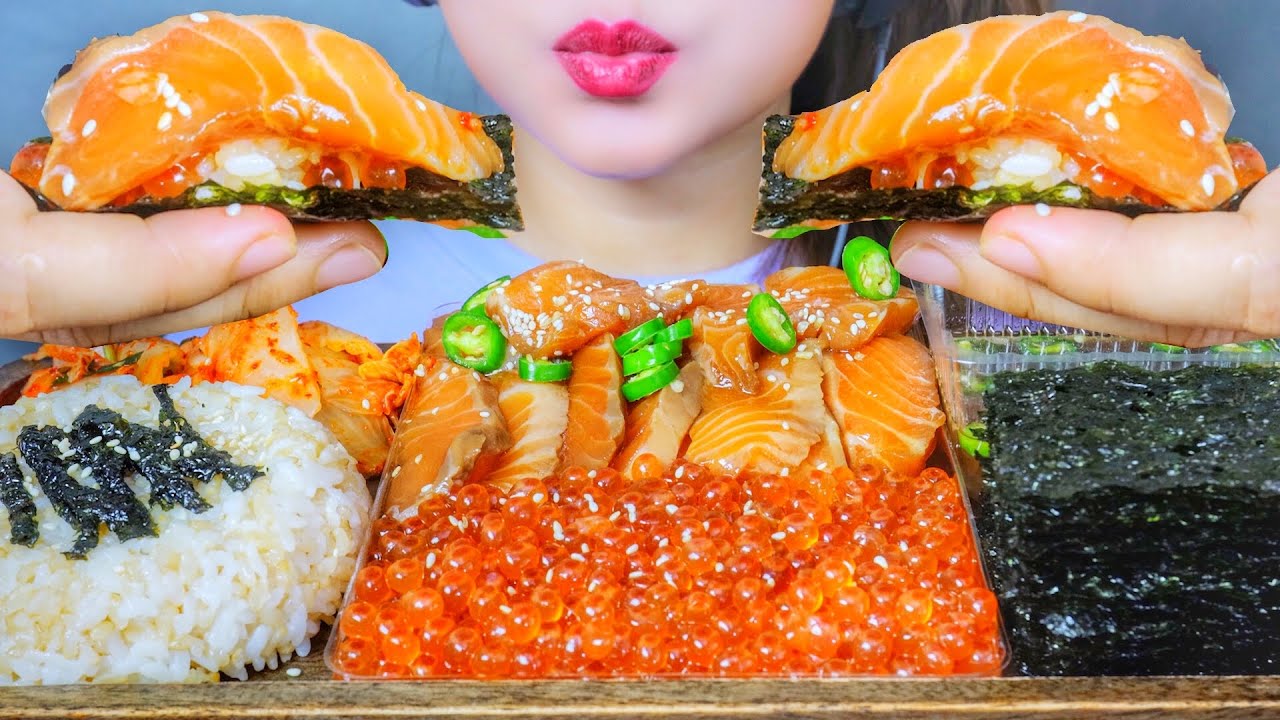 ASMR EATING SOY SAUCE MARINATED SALMON X SALMON EGGS EATING SOUNDS | LINH-ASMR