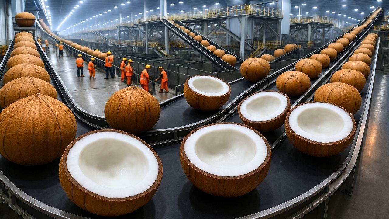 CÓMO SE COSECHAN y PROCESAN MILLONES de COCOS 🥥 para ACEITE, DULCES y FIBRA | Industria