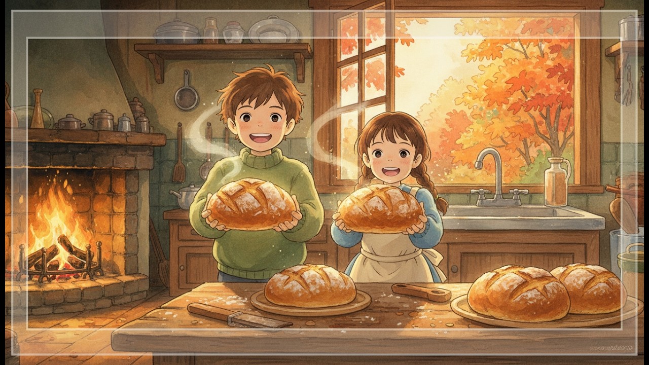 Cozy Autumn Baking in Forest Cabin 🍞 | Ghibli-Style ASMR Animation | Relaxing Sibling Moments