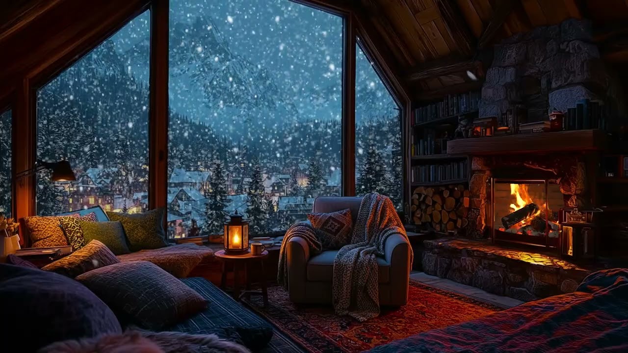 Midnight Snow Outside a Quiet Cabin Window with Soft Firelight for Deep Sleep and Relaxing Nights