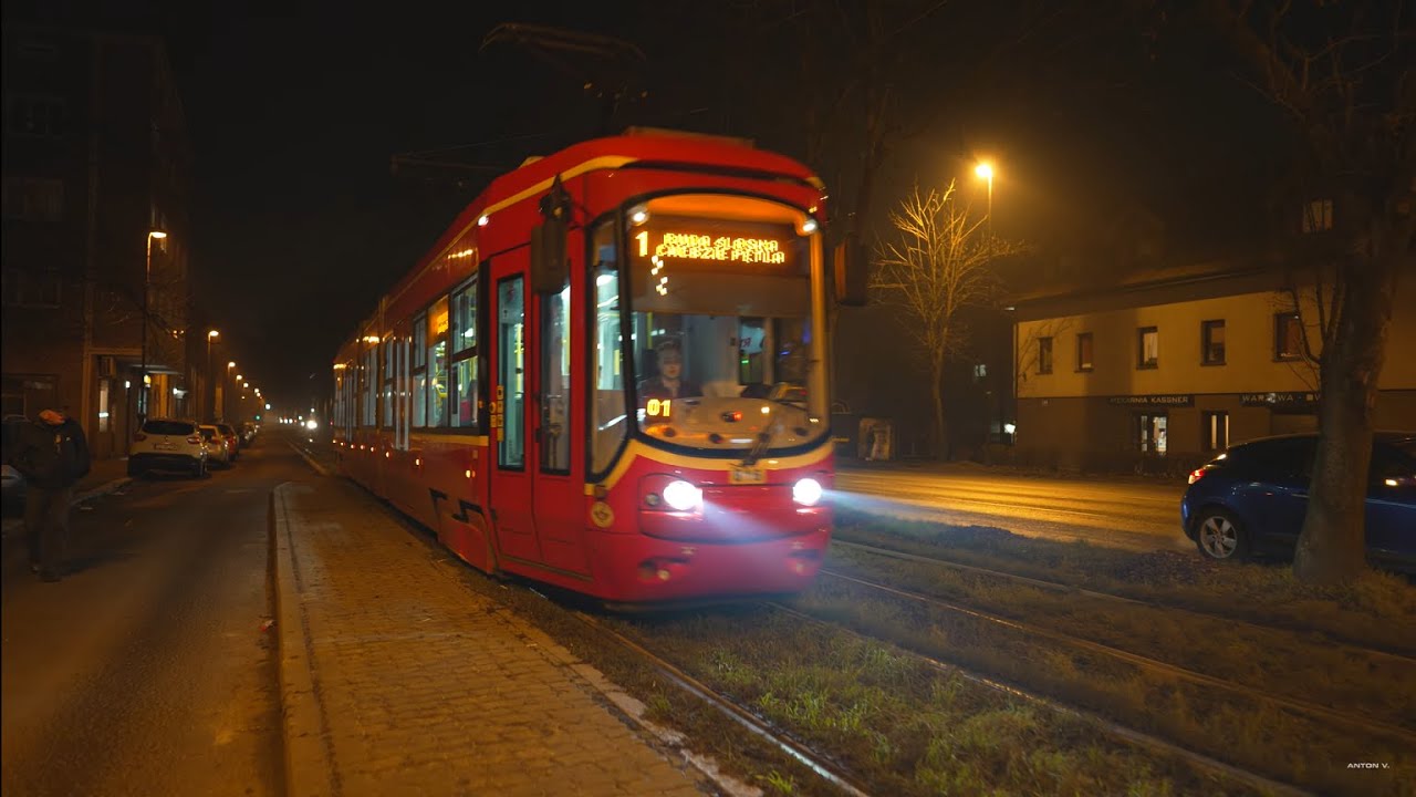 Poland, Zabrze, tram 1 night ride from Plac Słowiański to Karola Miarki
