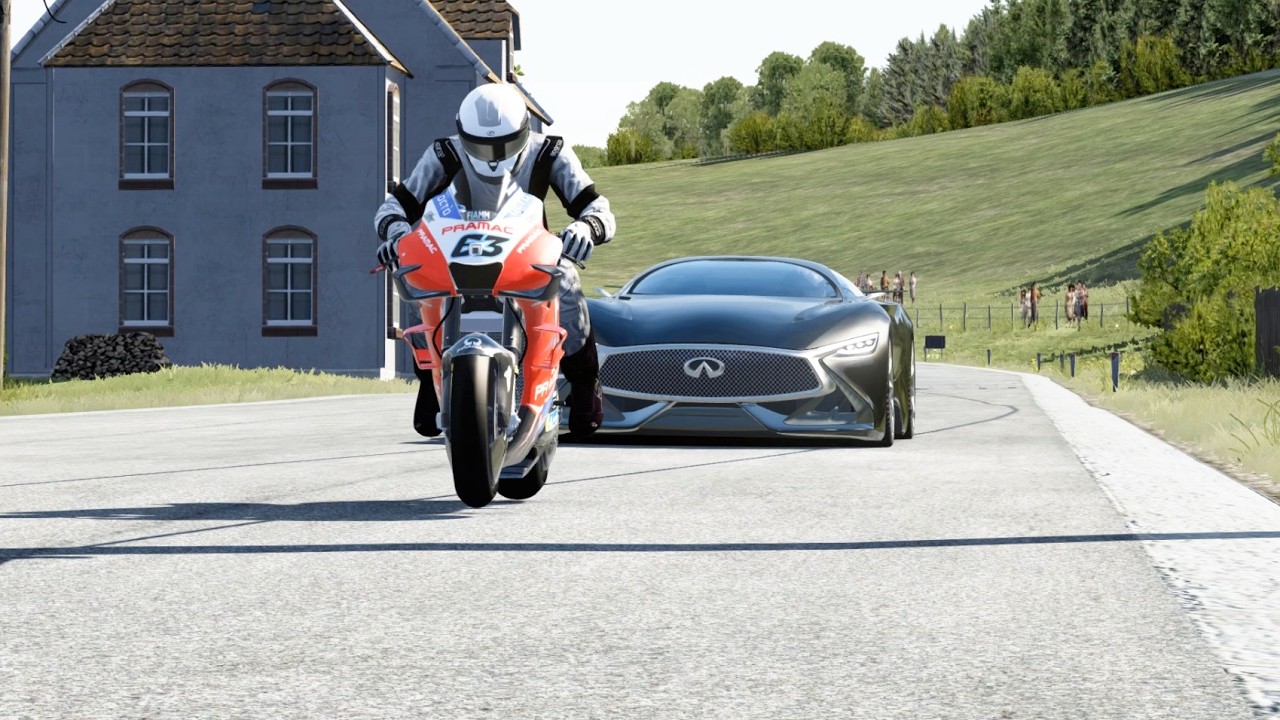 Ducati Desmocedici MotoGP'20 vs Hypercars Infiniti Vision GT,  Nissan VGT, Mercedes Benz Vision GT
