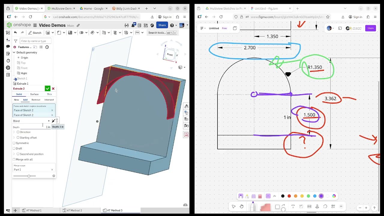 OnShape - Multiview Sketch to 3D #7 - Method 3 of 4