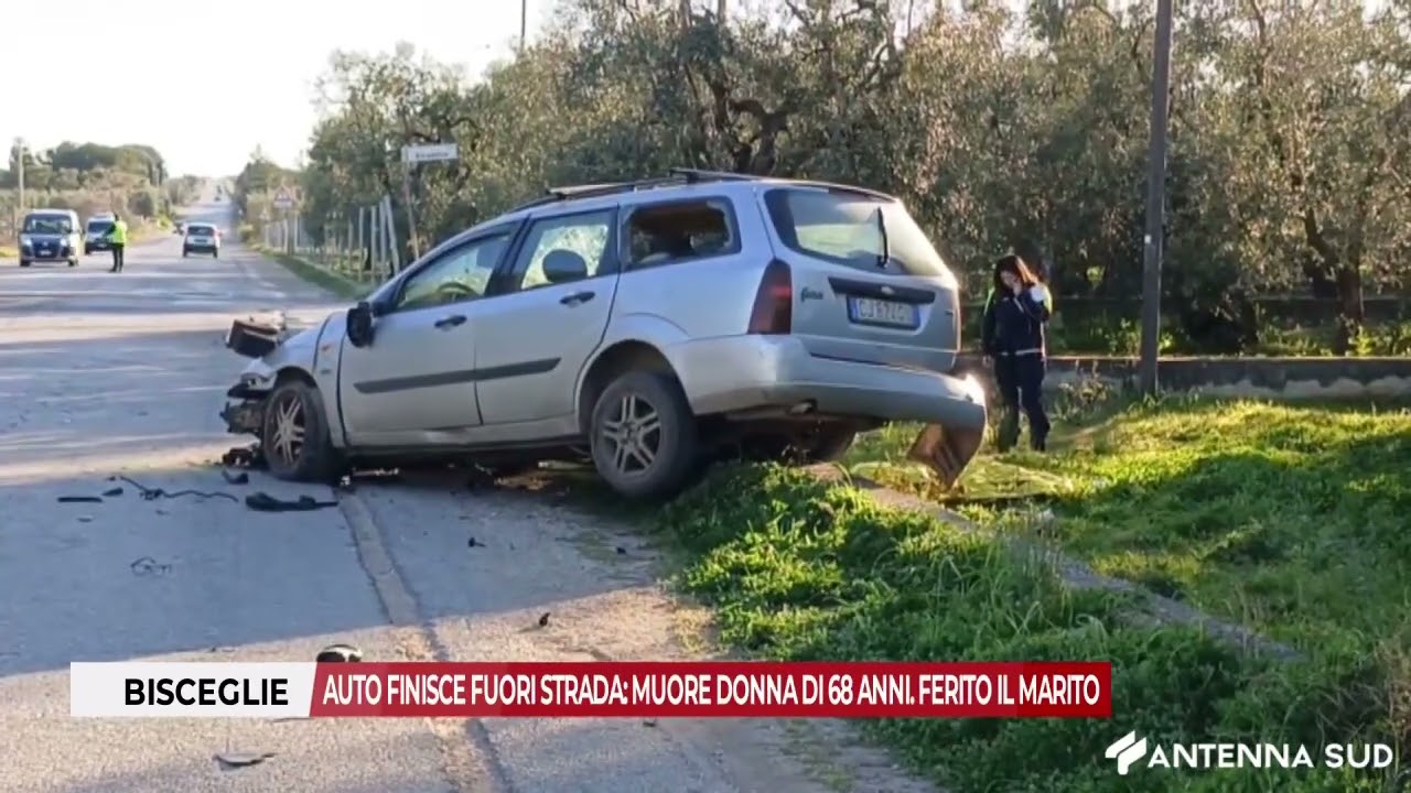 25 FEBBRAIO 2026 - BISCEGLIE, AUTO FINISCE FUORI STRADA: MUORE DONNA DI 68 ANNI, FERITO IL MARITO