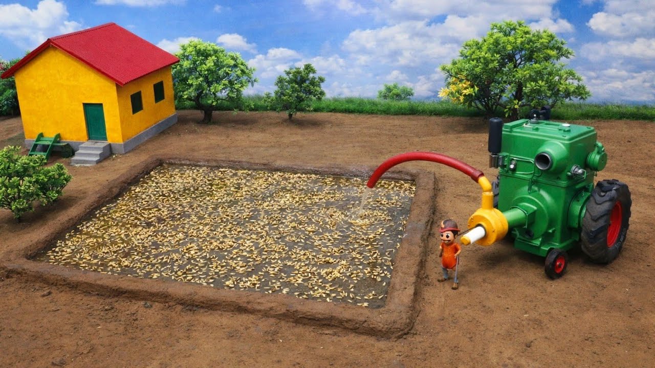 Mini Farmer Irrigating the Rice Field with Water Pump /DIY projects tractor