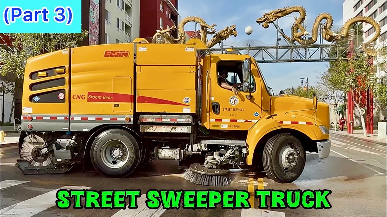 Four STREET SWEEPER TRUCKS in Action (Part 3/9) ~ Cleaning Up after Golden Dragon Parade
