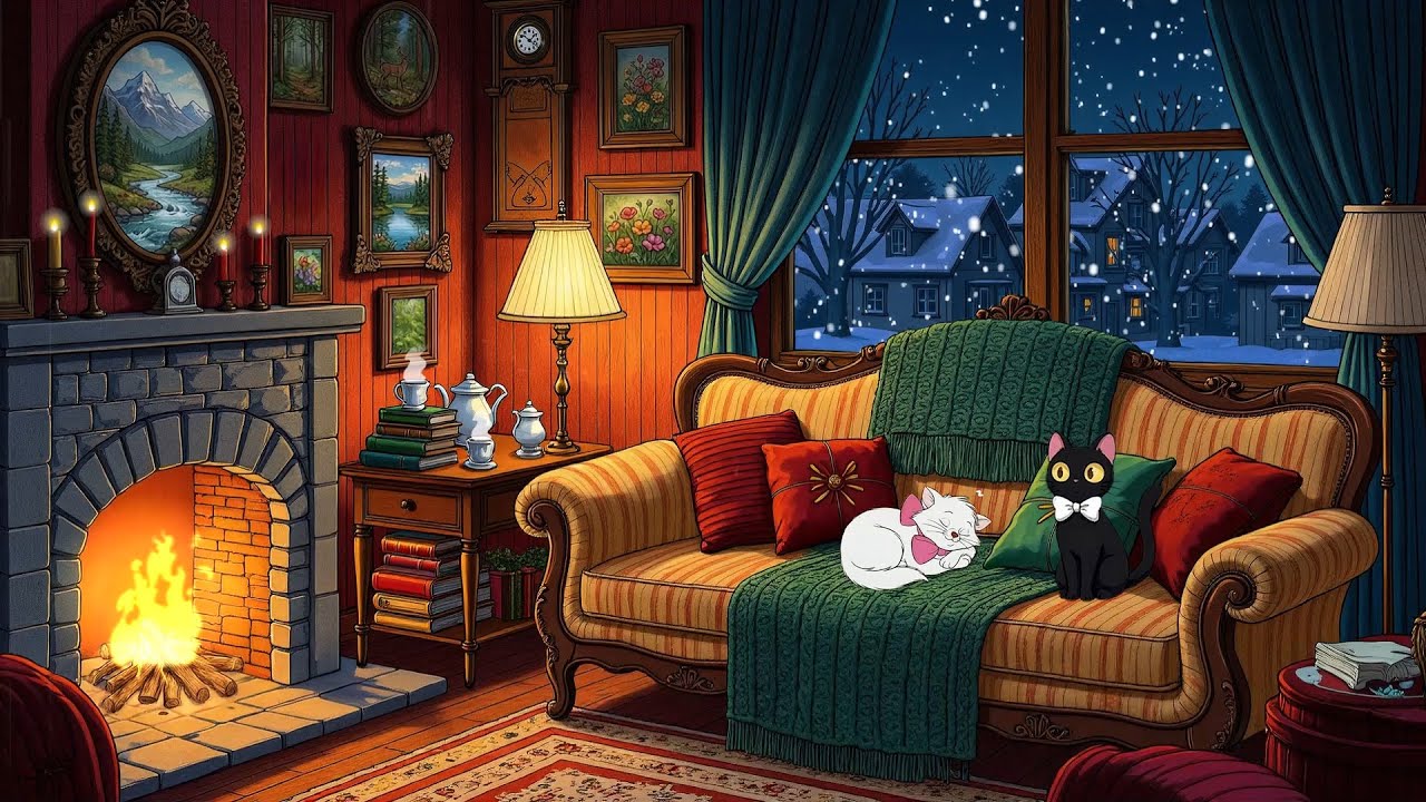 1950's cozy night with oldies playing in another room for relaxation relaxing fireplace sounds