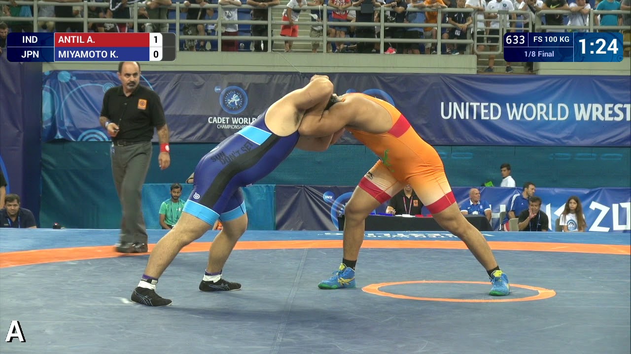 1/8 FS - 100 kg: A. ANTIL (IND) df. K. MIYAMOTO (JPN) by VPO1, 4-2