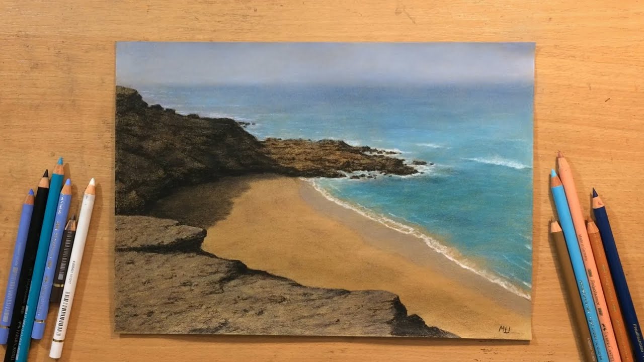 Coastal Landscape Drawing in Colored Pencil