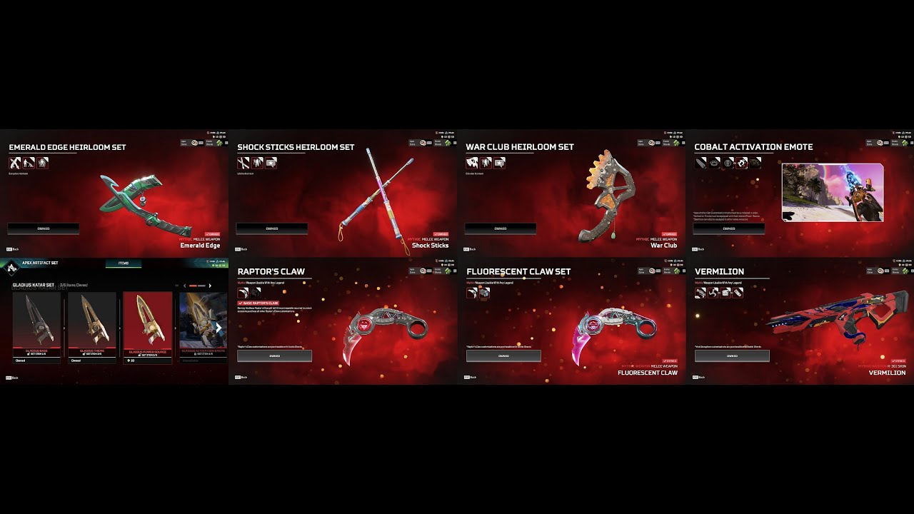 6 Mythics Lifeline+Bangalore+Gibraltar+Universal Cobalt Katar+Raptors Claw Karambit Heirloom 275 Leg
