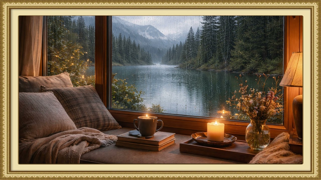 Rainy day retreat by the lake | Ambient 4k Art Displays