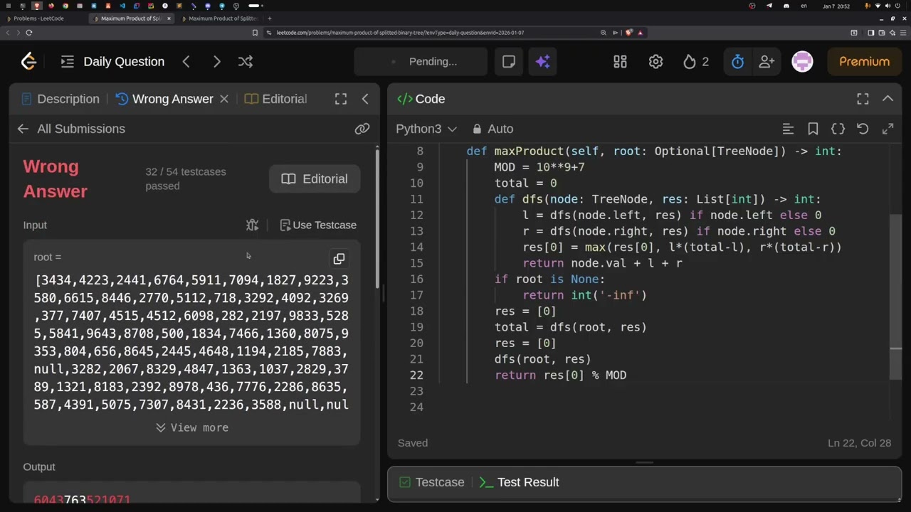 Solving Leetcode Daily 1339. Maximum Product of Splitted Binary Tree in Python
