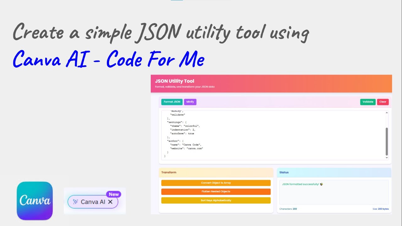 Canva AI - Code for me | Create a simple JSON utility web tool | Publish Website | Java Inspires
