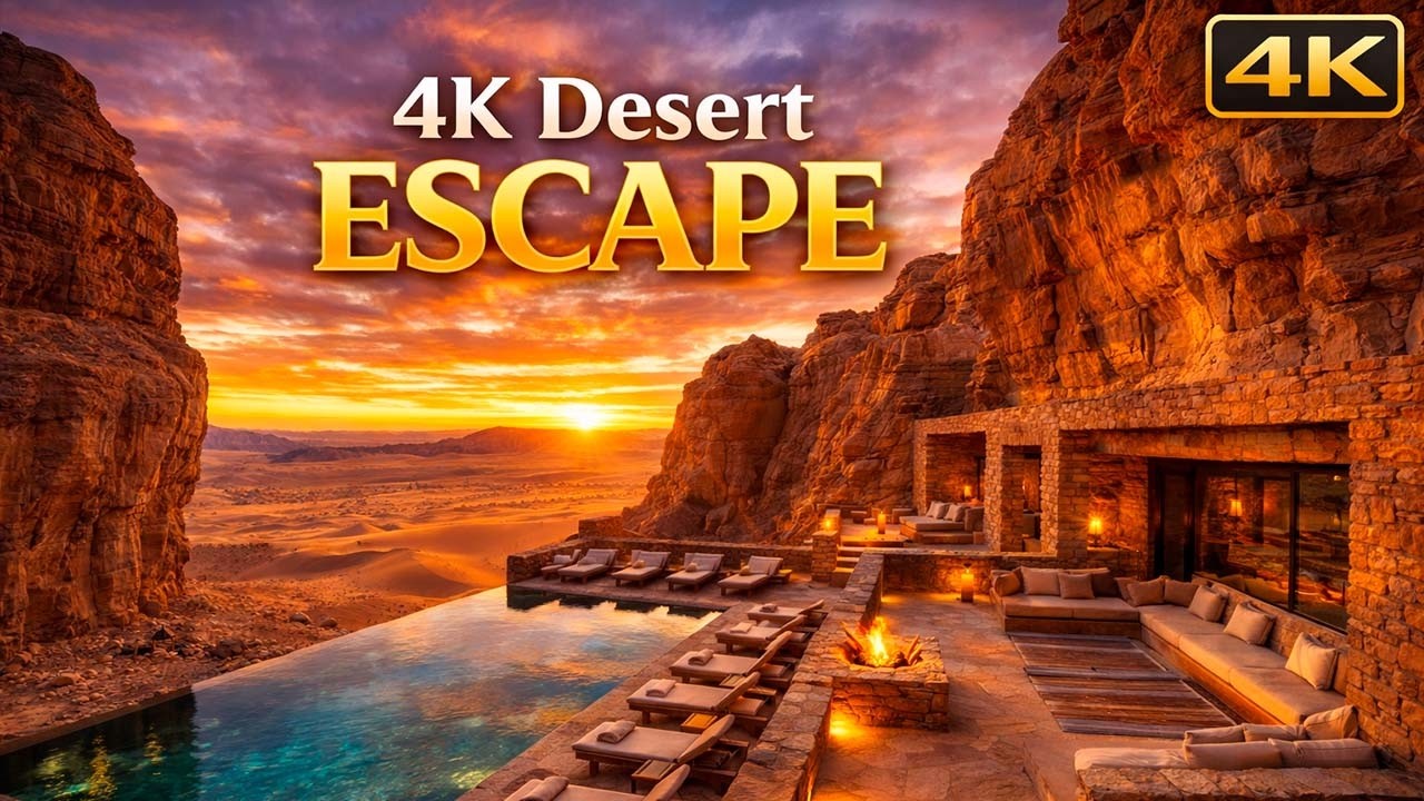 4K Desert Escape: Luxury Sandstone Resort & Infinity Pool / Majestic Canyon Retreat Screensaver
