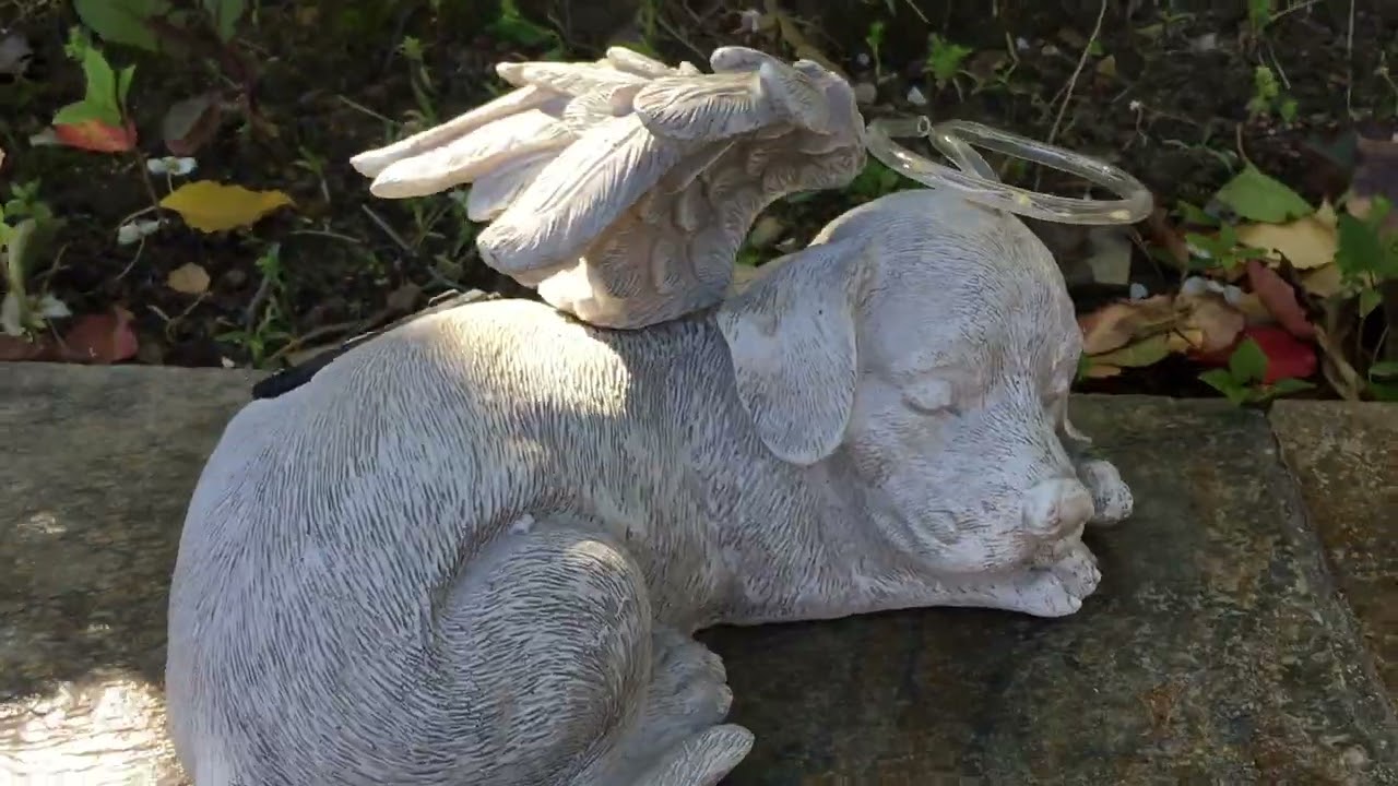 2 Solar Pet Memorial Garden Statues- Angel Dog and Cat w/LED Halos