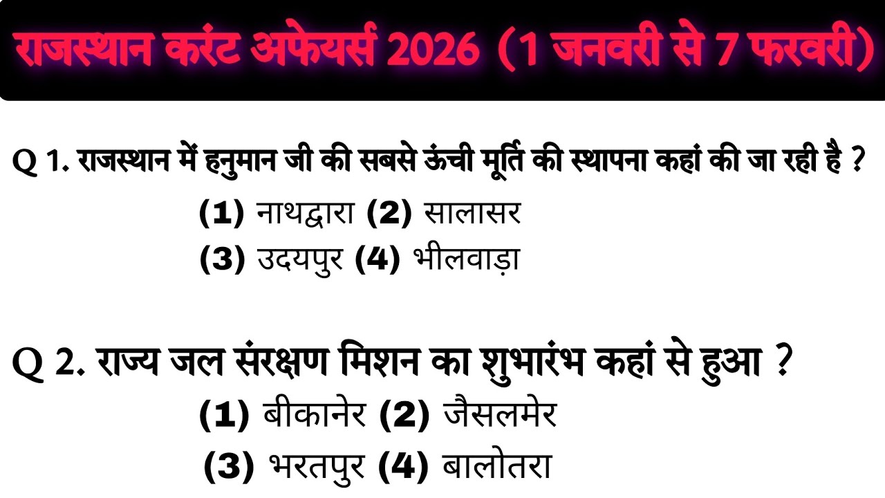 राजस्थान करंट अफेयर्स 2026 (1जनवरी से 7 फरवरी )/Rajasthan current affairs 2026