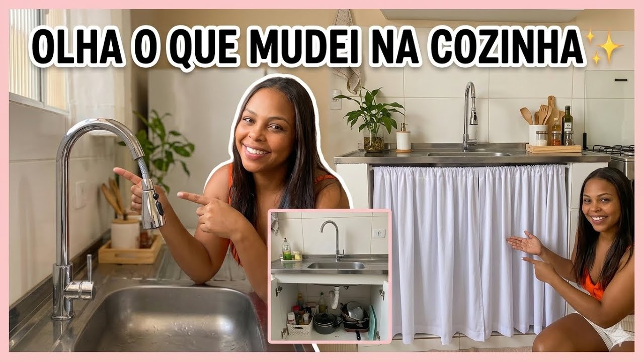 MUDANÇAS NA MINHA COZINHA | TORNEIRA METÁLICA NOVA E CORTINA NA PIA ✨
