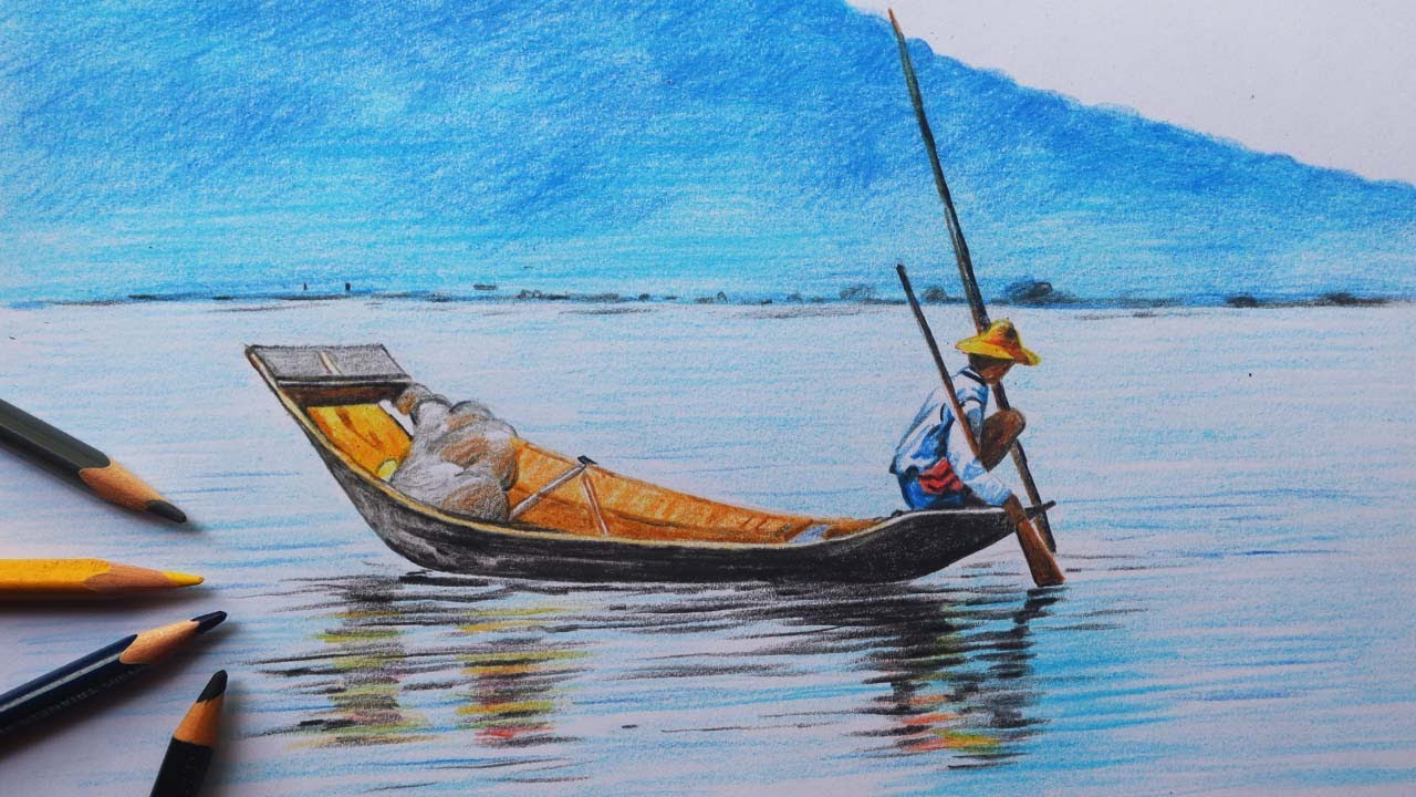 Scenery drawing in color pencils | River and boat drawing | color pencils drawing | Camlin