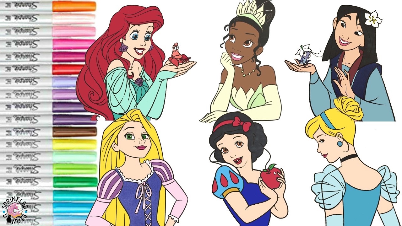 Disney Princess Coloring Book Compilation Rapunzel Cinderella Ariel Tiana Mulan Snow White Belle