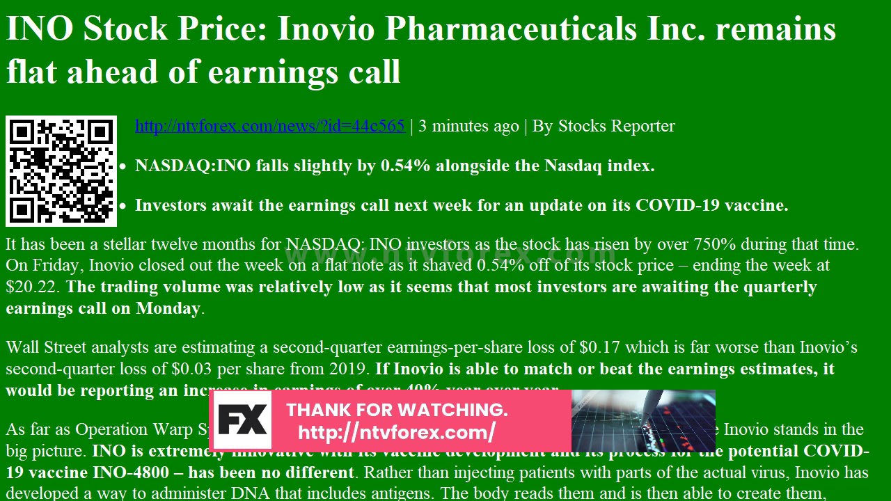 INO Stock Price: Inovio Pharmaceuticals Inc. remains flat ahead of earnings call