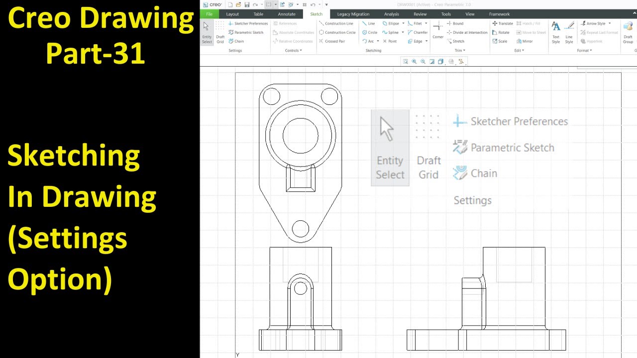 #31 Creo Detailed Drawing- Sketching In Drawing (Settings Option)