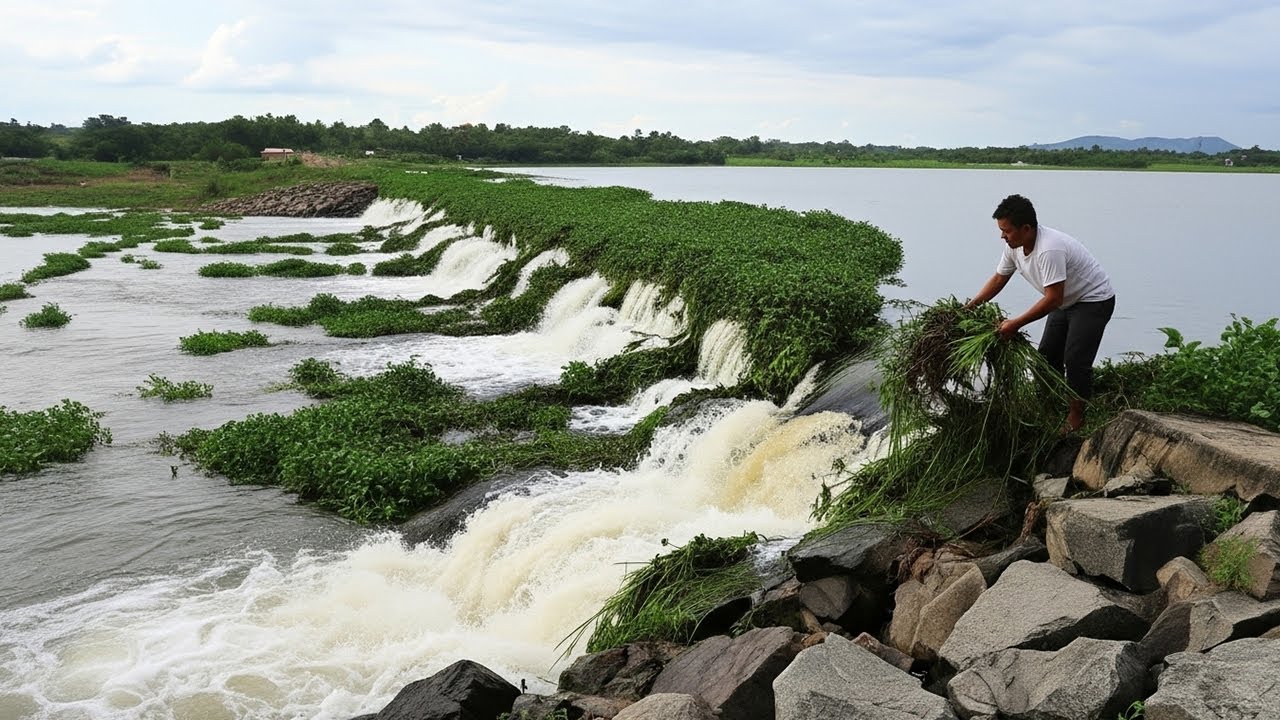 Clean Dam Drain Water Clogged With Floating Plants