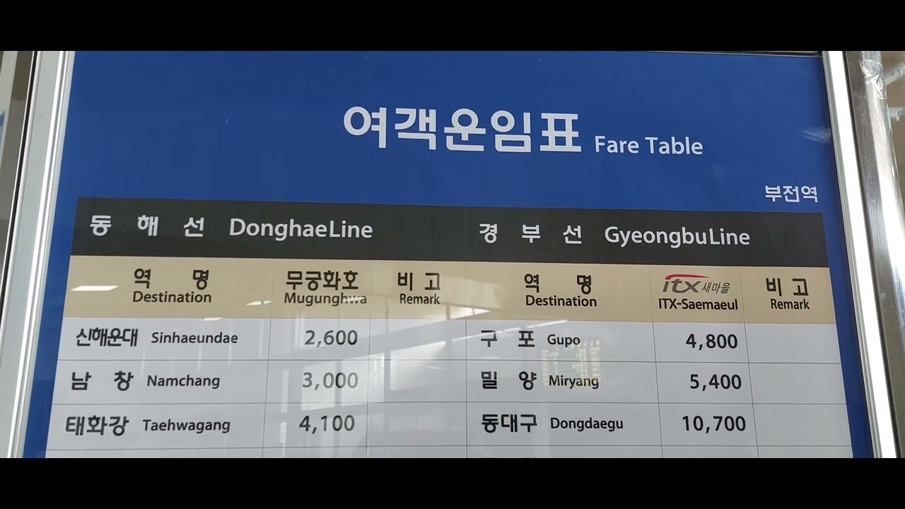 부전역  기차시간표 와  요금표