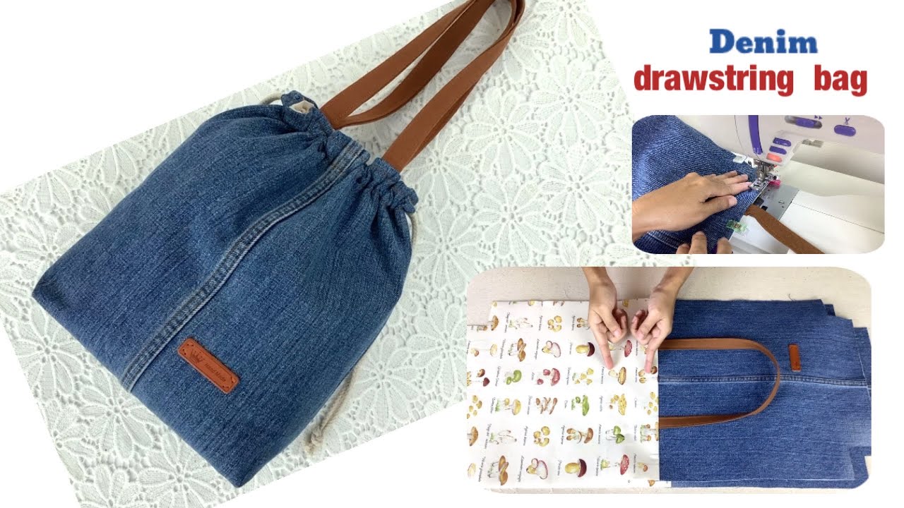 diy a denim drawstring bags tutorial, reuse old jeans ideas to bag patterns,easy to sew at home