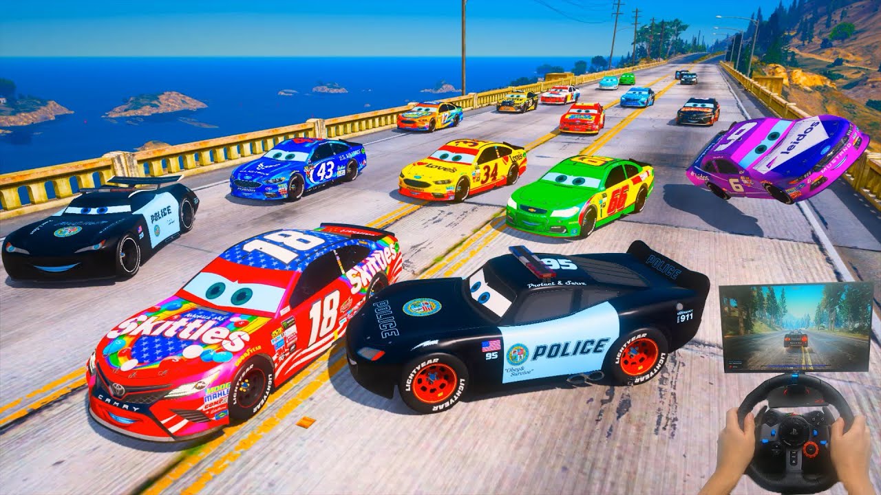Police Car Lightning McQueen Jackson Storm & Friends VS Nascar Cars   Hot pursuit   Police Chase
