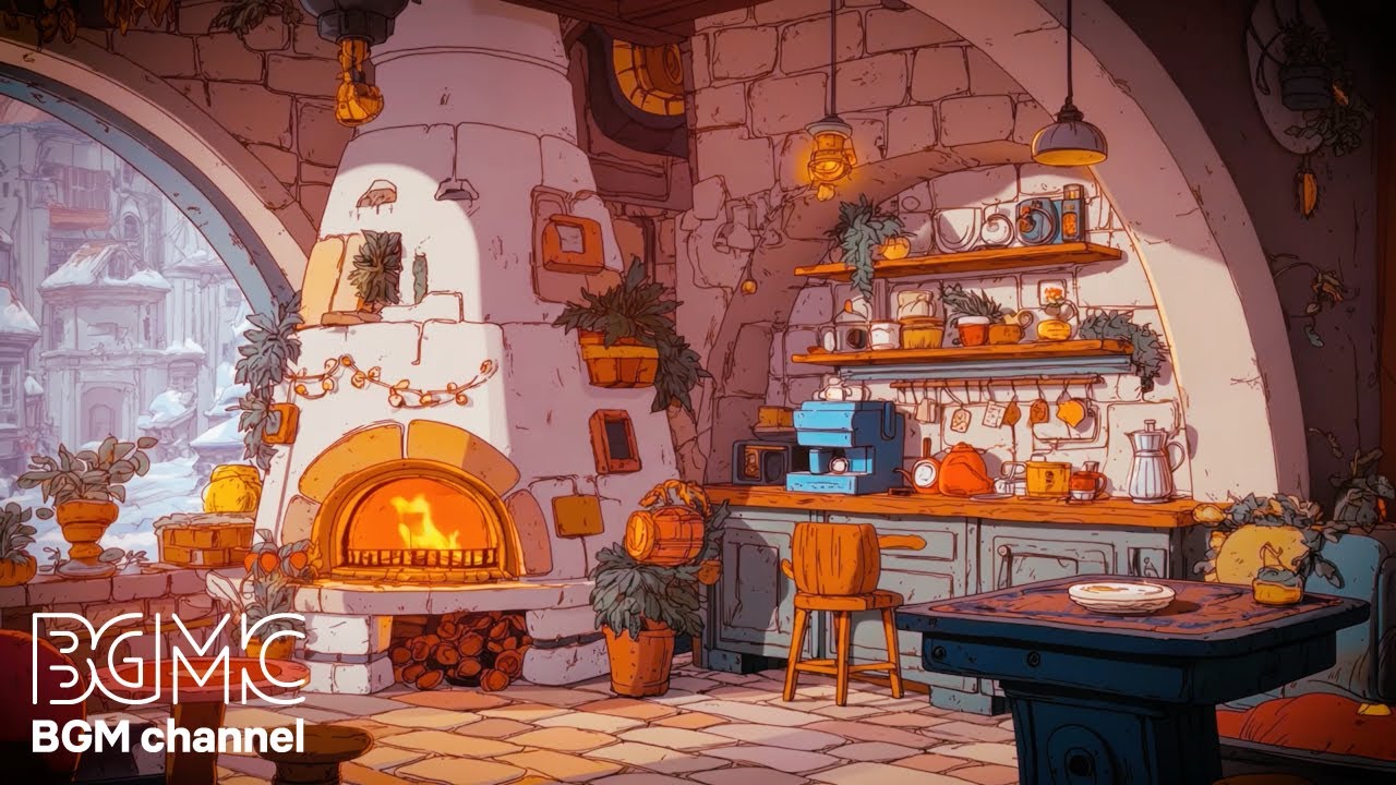 Cozy Winter Kitchen Ambience ☕ Relaxing Slow Bossa Nova & Fireplace Sounds for Study, Work, Sleep