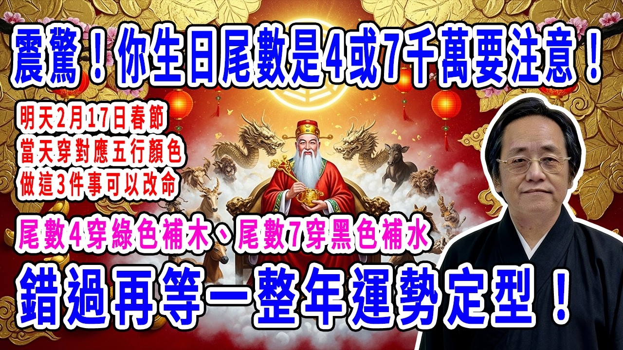 震驚！你生日尾數是4或7千萬要注意！明天2月17日春節當天穿對應五行顏色做這3件事可以改命，尾數4穿綠色補木、尾數7穿黑色補水，錯過再等一整年運勢定型！