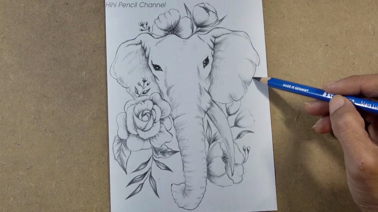 Drawing Elephant with flowers Tattoo Design step by step | Hihi Pencil