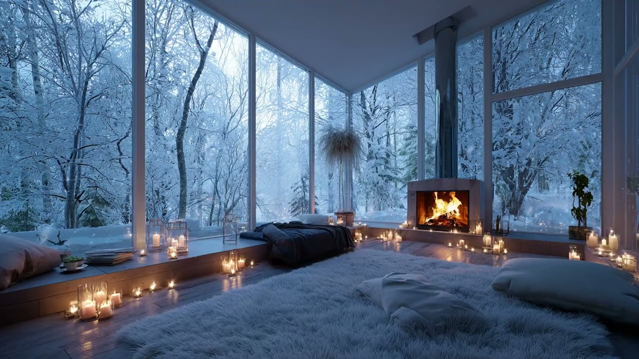 Soul-Soothing Winter Ambience with Snow Wind Beyond the Window and Fireplace Crackling