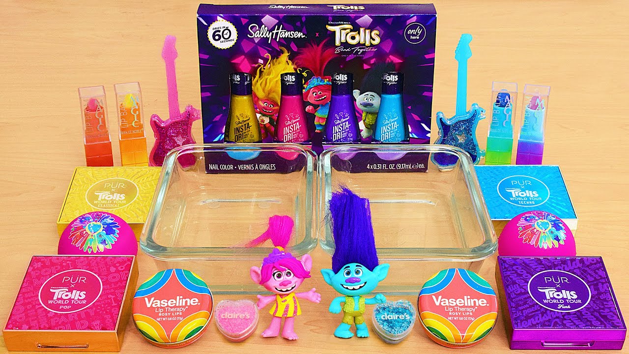 Trolls Band Together Rainbow Slime ASMR - Mixing Makeup Eyeshadow Into Slime