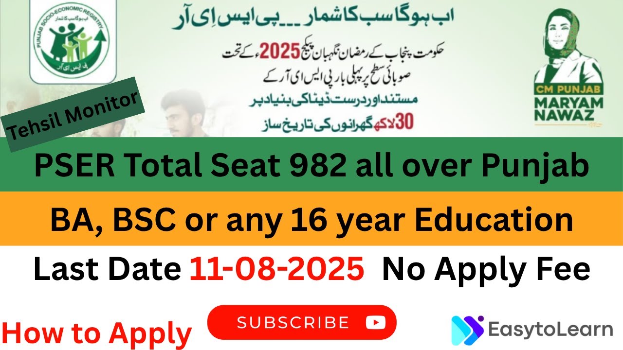 PSER 982 Tehsil Monitor Jobs 2025 | Latest Govt Jobs | How to Apply Online