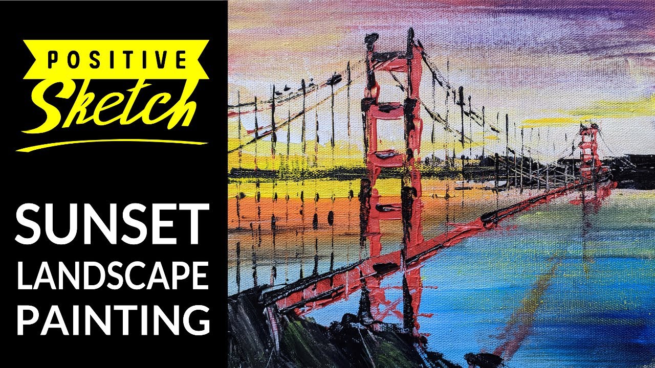 Acrylic painting tutorial / Landscape painting / Golden Gate / How to paint / Sunset painting / Demo