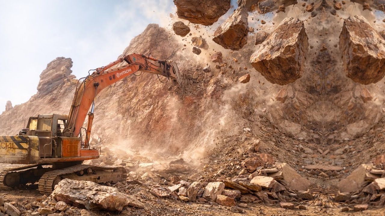 Amazing Excavator Performance | Breaking Huge Rocks with Powerful Machinery