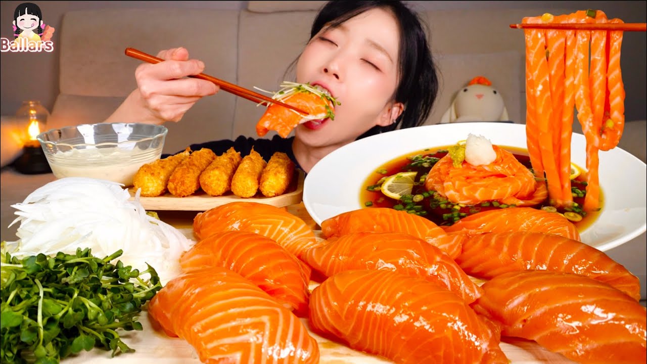 난 가끔 연어가 미친듯이 땡길 때가 있어🐟 대왕연어초밥 연어국수 새우튀김 먹방  Salmon Sushi, Salmon Noodles, Fried Shrimp Mukbang ASMR