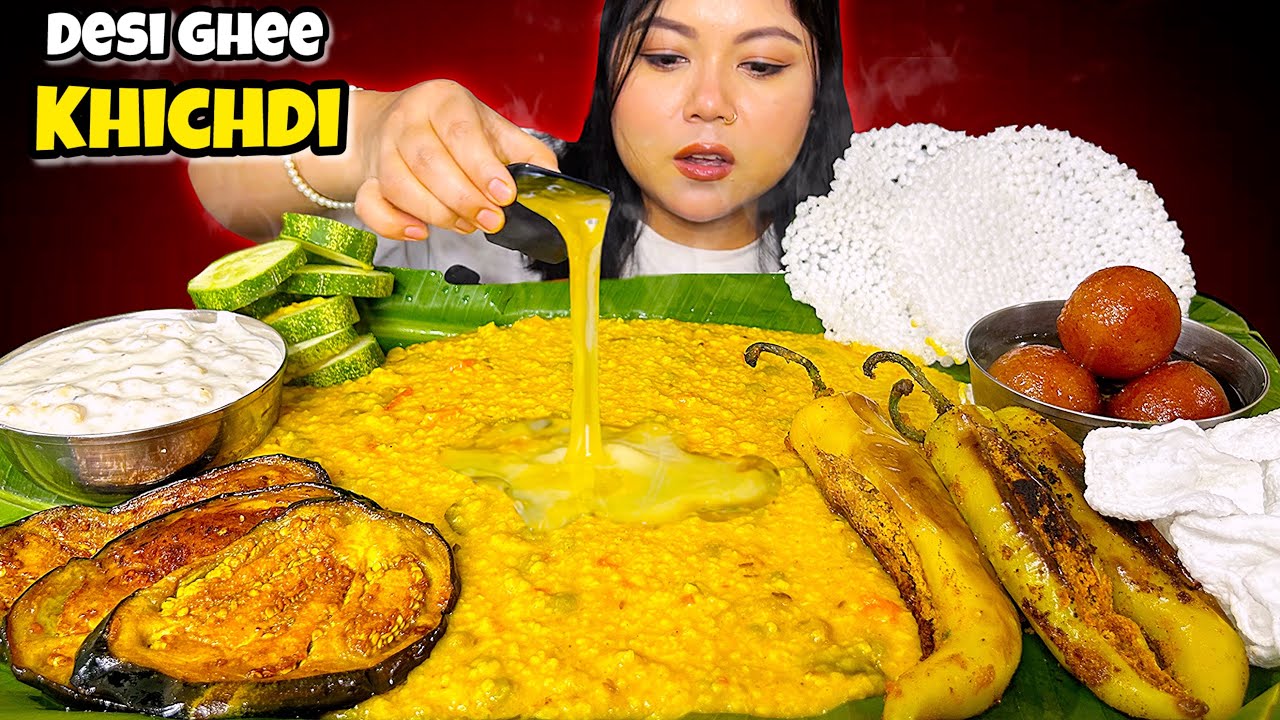 Eating Simple desi Ghee Khichdi🤤 Bharwa Mirchi & Gulab Jamun | Indian Mukbang ASMR