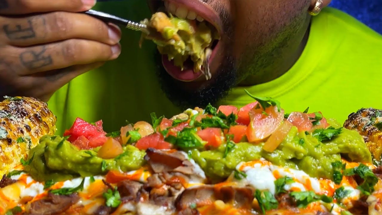 ⚠️MESSY EATING MEXICAN FOOD CHEESY CARNE ASADA FRIES ROASTED CORN MUKBANG