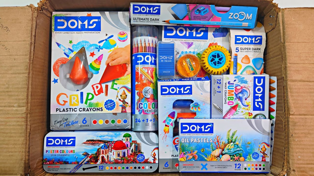 Unboxing Biggest DOMS Stationery 📚, Poster colour, Oil Pastel, Plastic Crayons, Pencil, Floating Pen